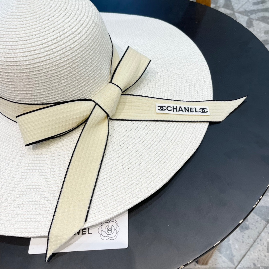 CHANEL WIDE BRIM STRAW HAT WITH BOW WHITE 672704