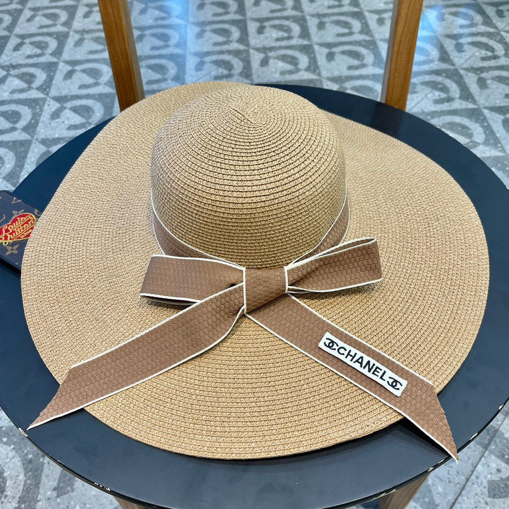 CHANEL WIDE BRIM STRAW HAT WITH BOW BROWN 672705