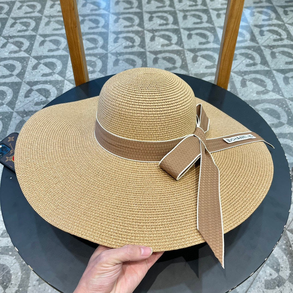 CHANEL WIDE BRIM STRAW HAT WITH BOW BROWN 672705