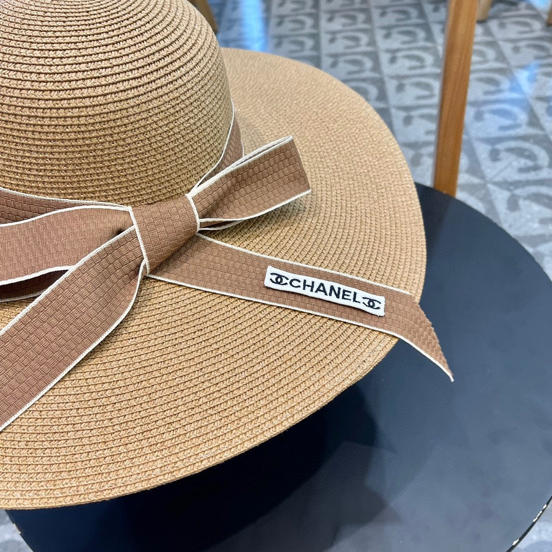 CHANEL WIDE BRIM STRAW HAT WITH BOW BROWN 672705