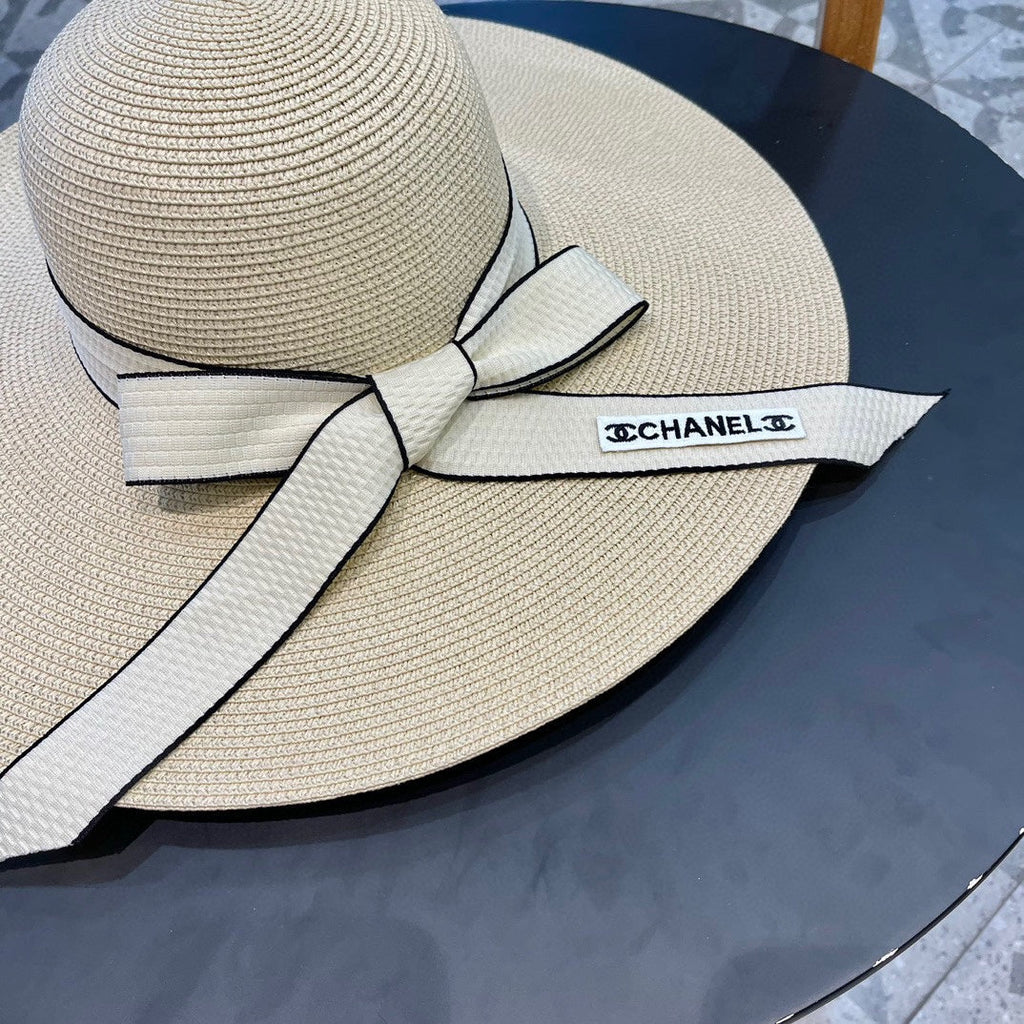 CHANEL WIDE BRIM STRAW HAT WITH BOW BEIGE 672706