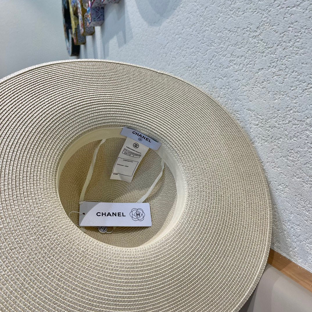 CHANEL WIDE BRIM STRAW HAT WITH BOW BEIGE 672706