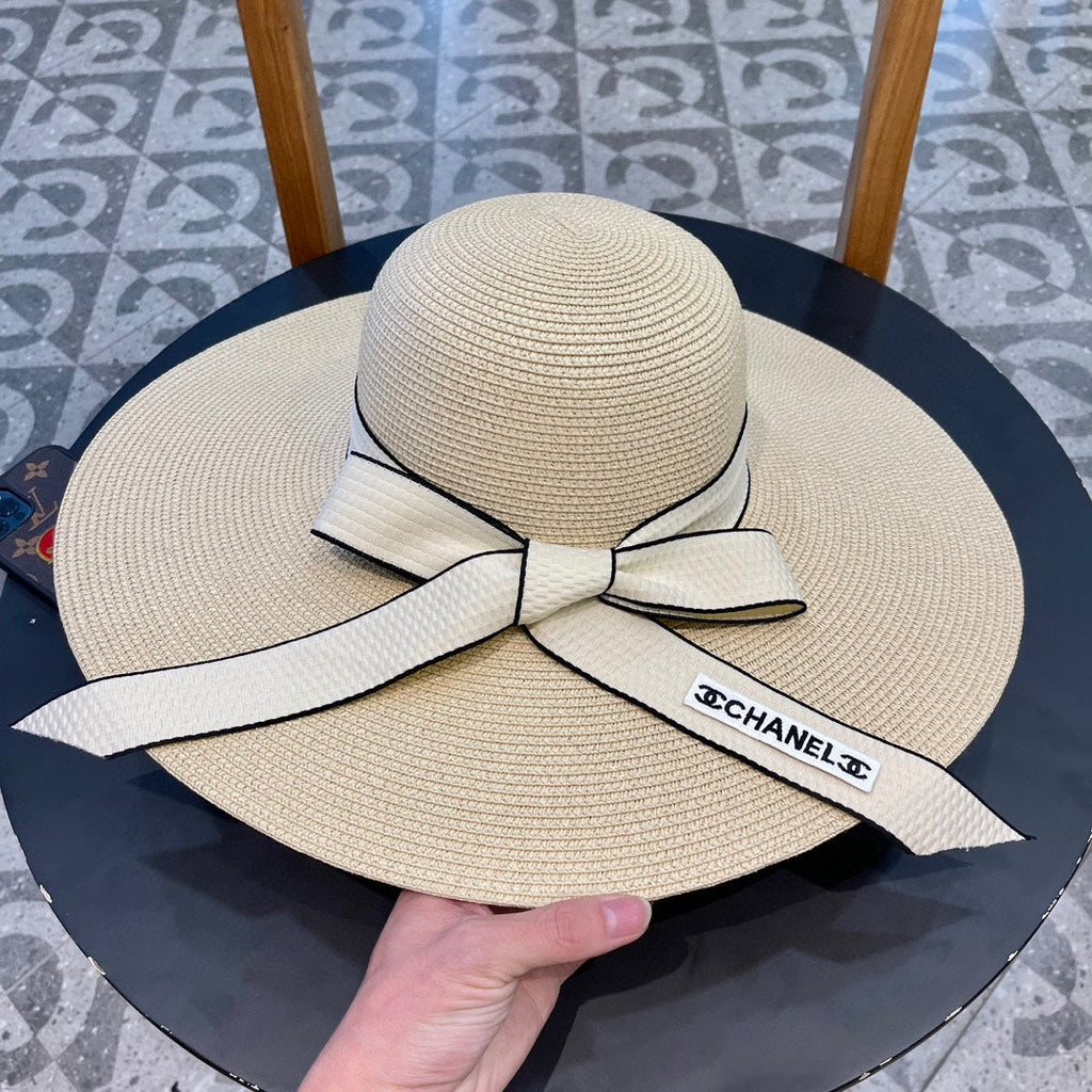 CHANEL WIDE BRIM STRAW HAT WITH BOW BEIGE 672706