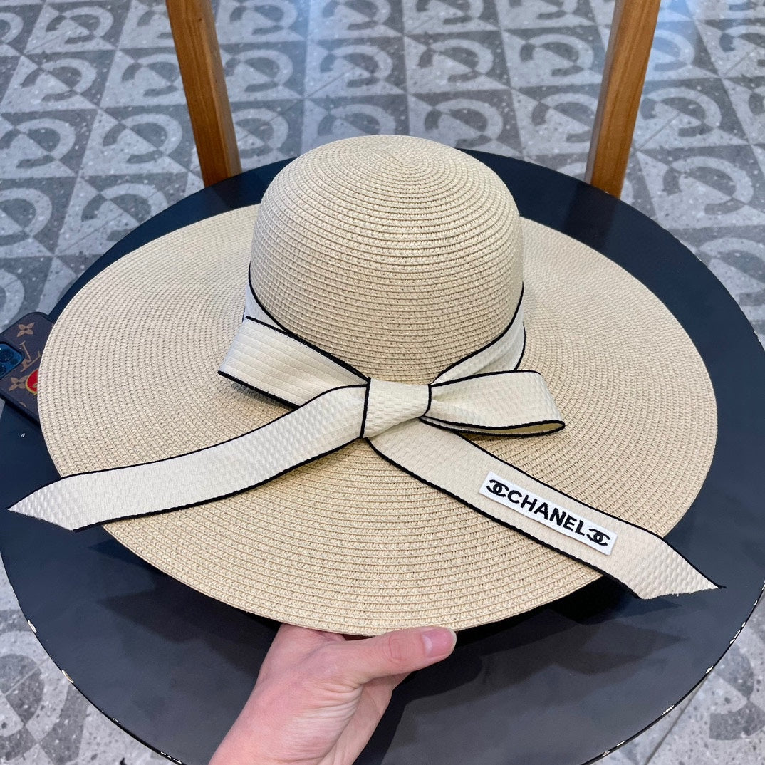 CHANEL WIDE BRIM STRAW HAT WITH BOW BEIGE 672706