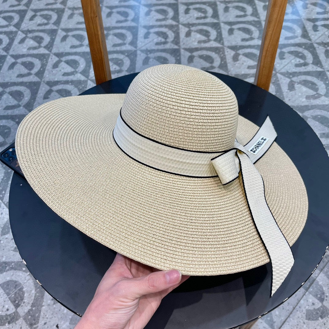 CHANEL WIDE BRIM STRAW HAT WITH BOW BEIGE 672706