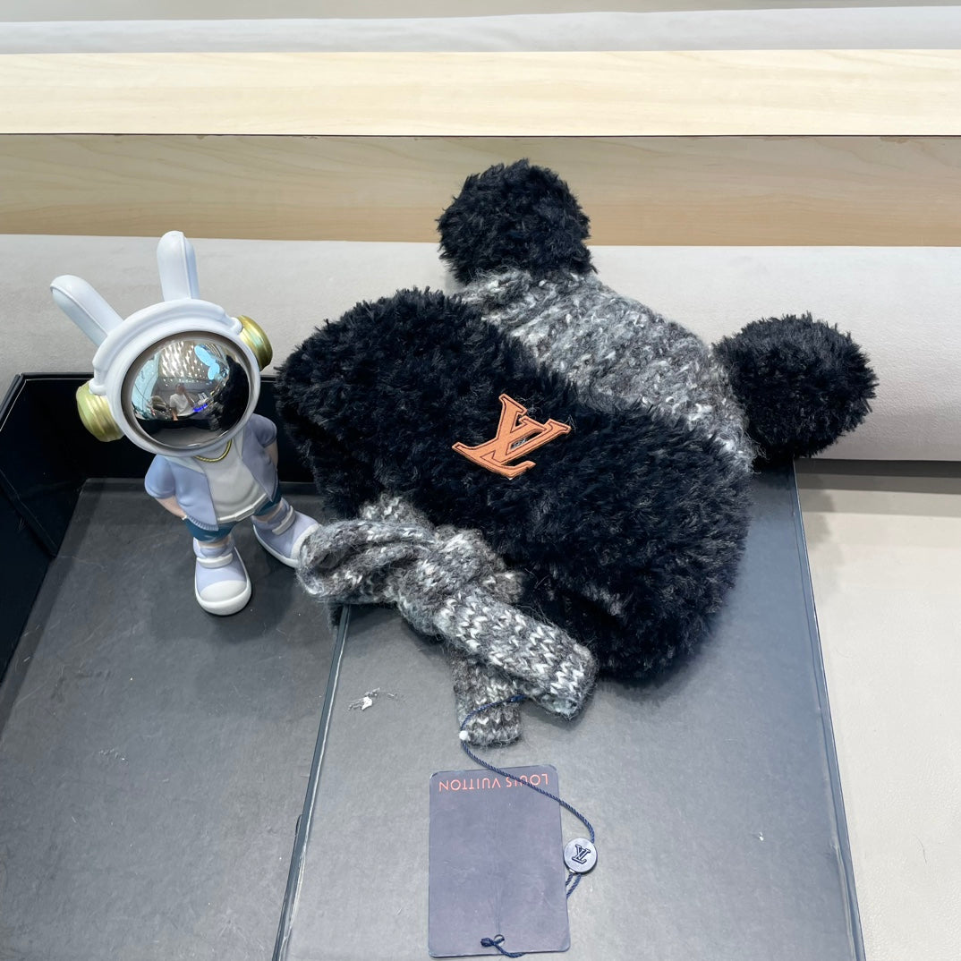 LOUIS VUITTON KNITTED BEANIE HAT IN BLACK MIX GRAY WOOL WITH CUTE BEAR EARS 422498