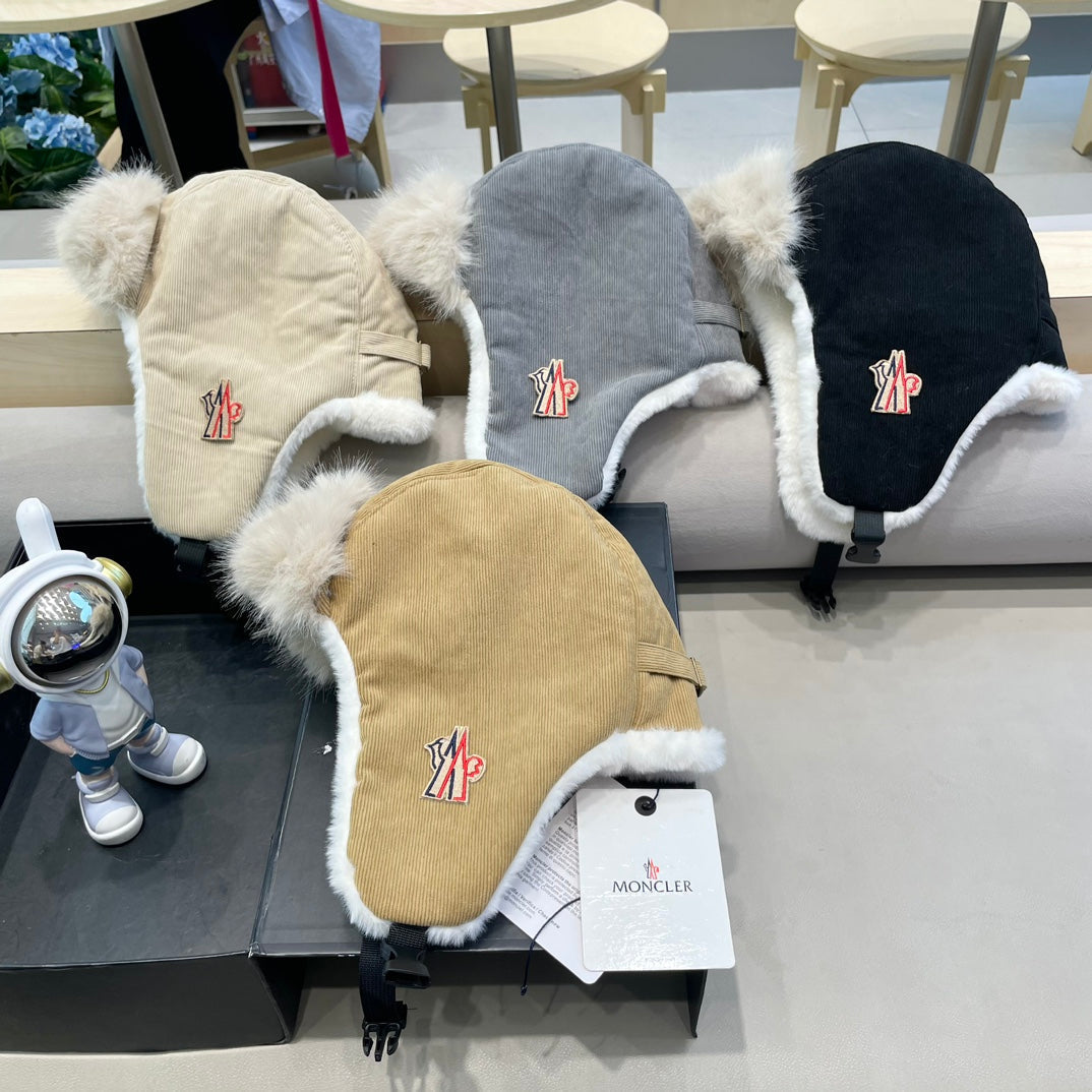 MONCLER AVATOR HAT IN STEEL GRAY CORDUROY AND FLEECE-LINED 434983