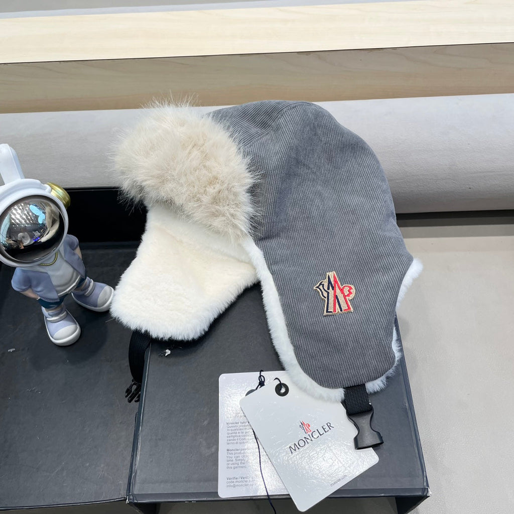MONCLER AVATOR HAT IN STEEL GRAY CORDUROY AND FLEECE-LINED 434983