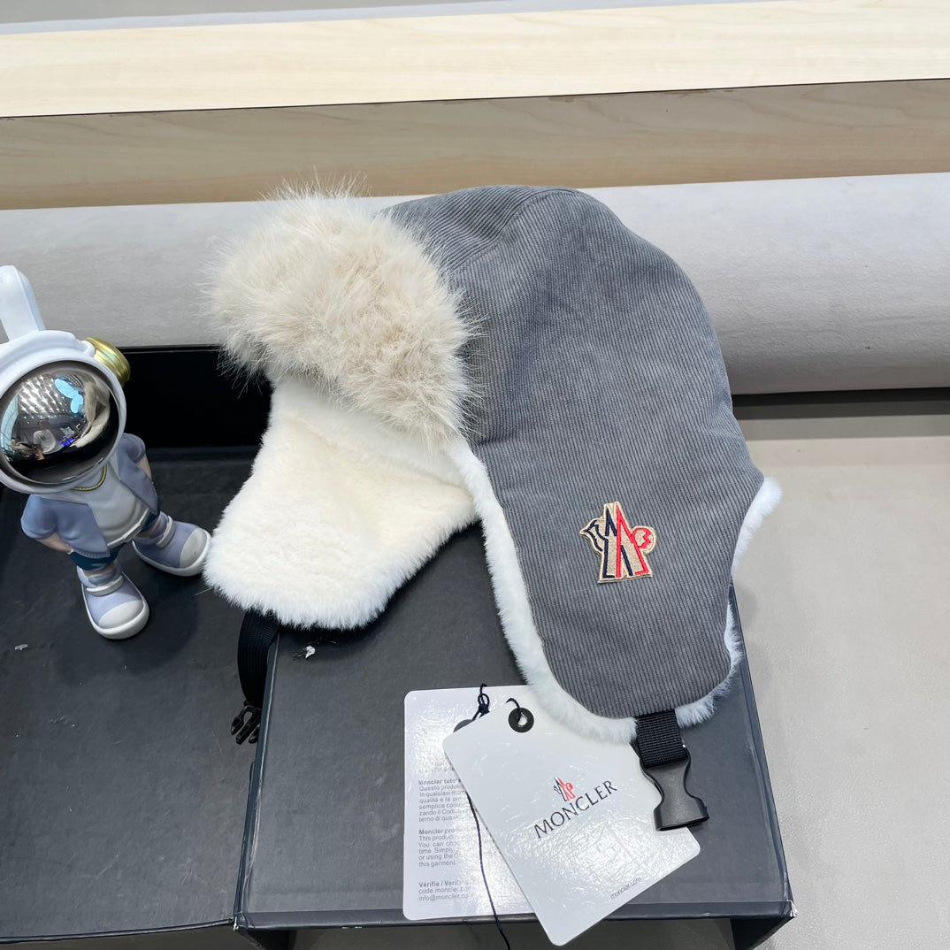 MONCLER AVATOR HAT IN STEEL GRAY CORDUROY AND FLEECE-LINED 434983