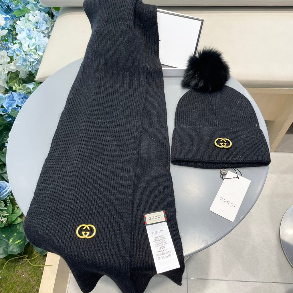 GUCCI SET SCARF AND HAT IN BLACK CASHMERE 436221
