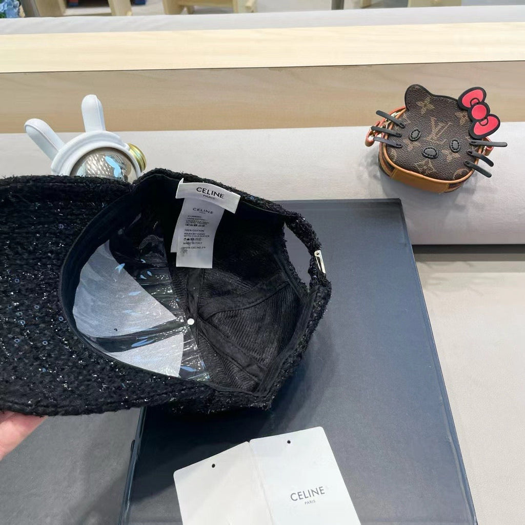 CELINE BASEBALL CAP MODEL 650508 IN BLACK TEXTURED SPARKLE FABRIC