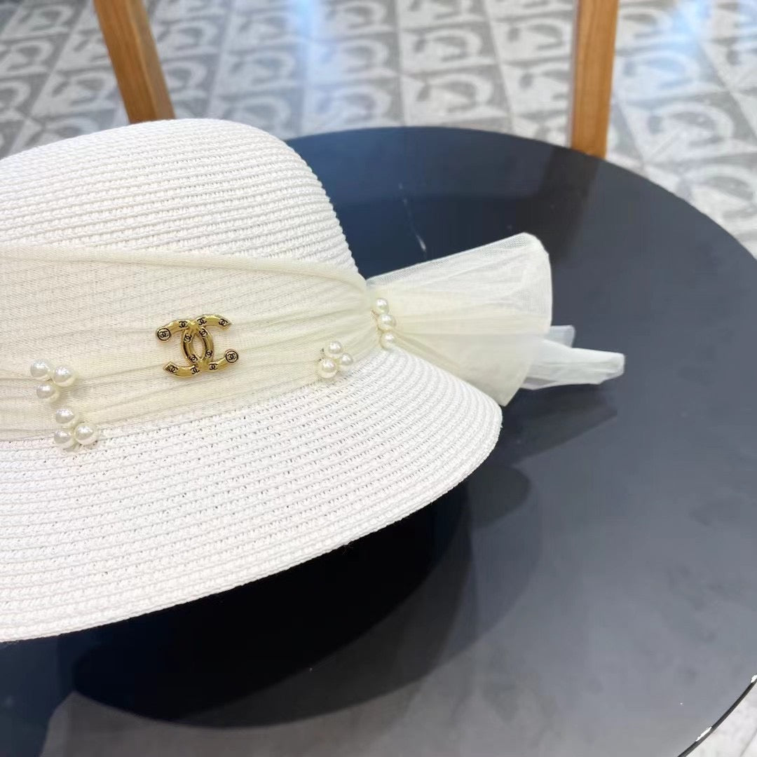 CHANEL STRAW HAT BOW WITH PEARL WHITE 672700