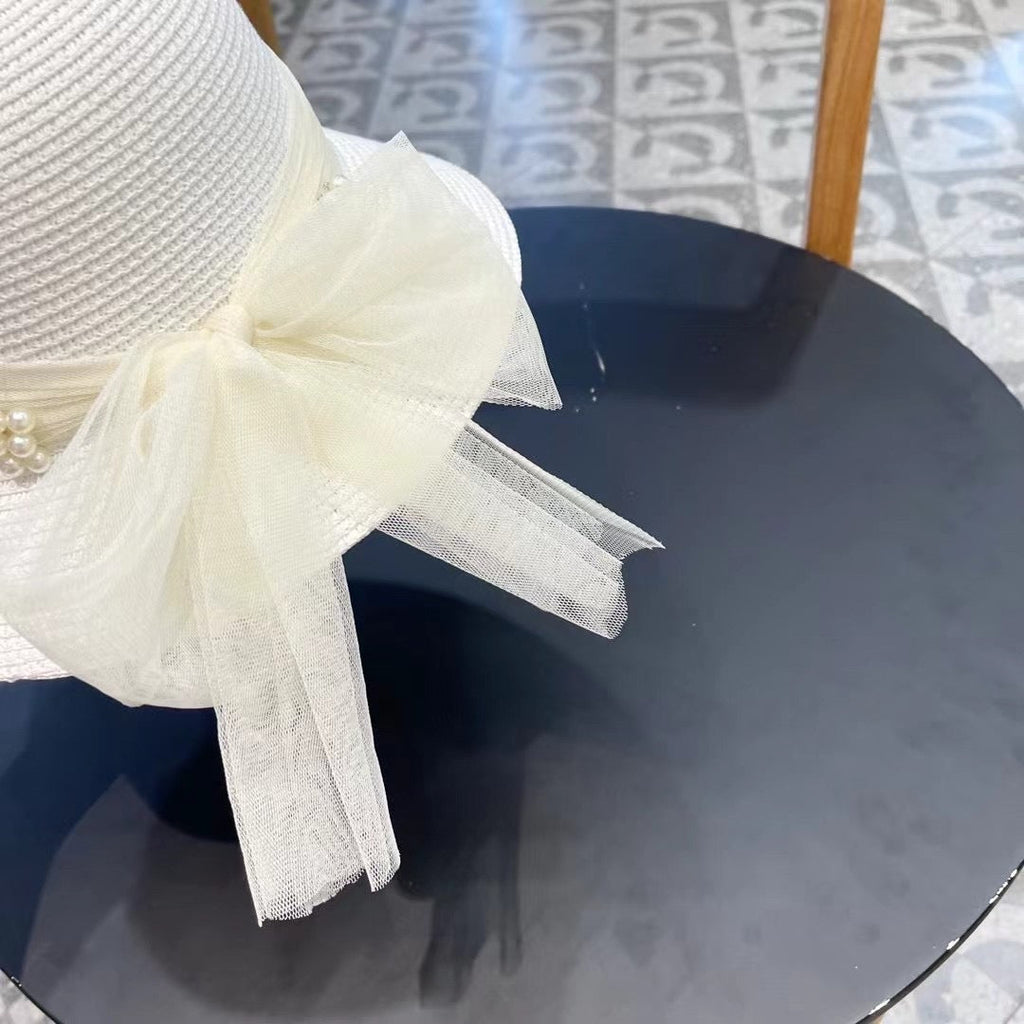 CHANEL STRAW HAT BOW WITH PEARL WHITE 672700