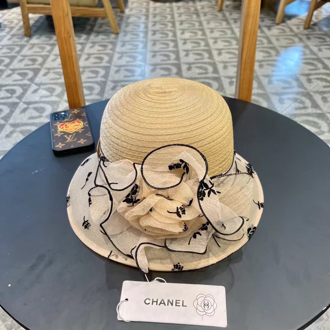 CHANEL STRAW HAT WITH CHIFFON FLOWER BEIGE 672761