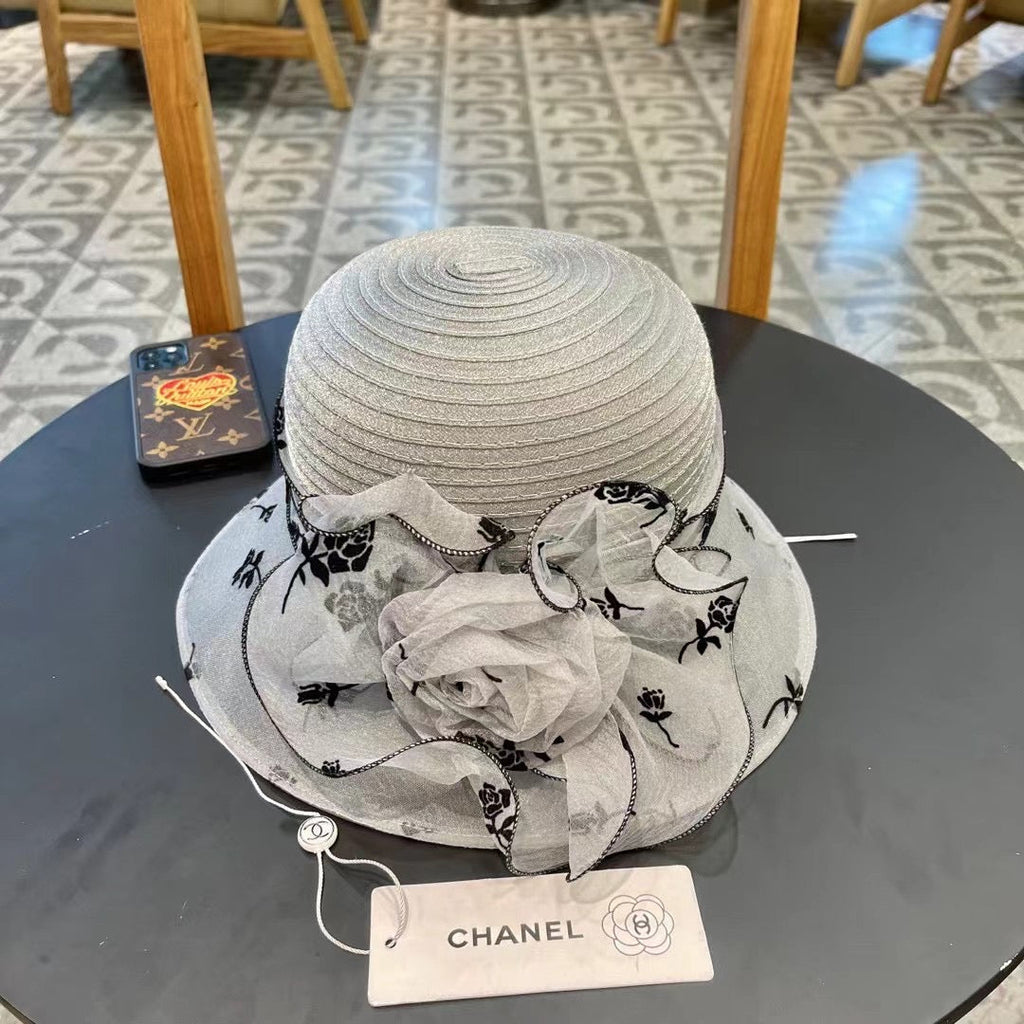 CHANEL STRAW HAT WITH CHIFFON FLOWER VINTAGE GRAY 672759