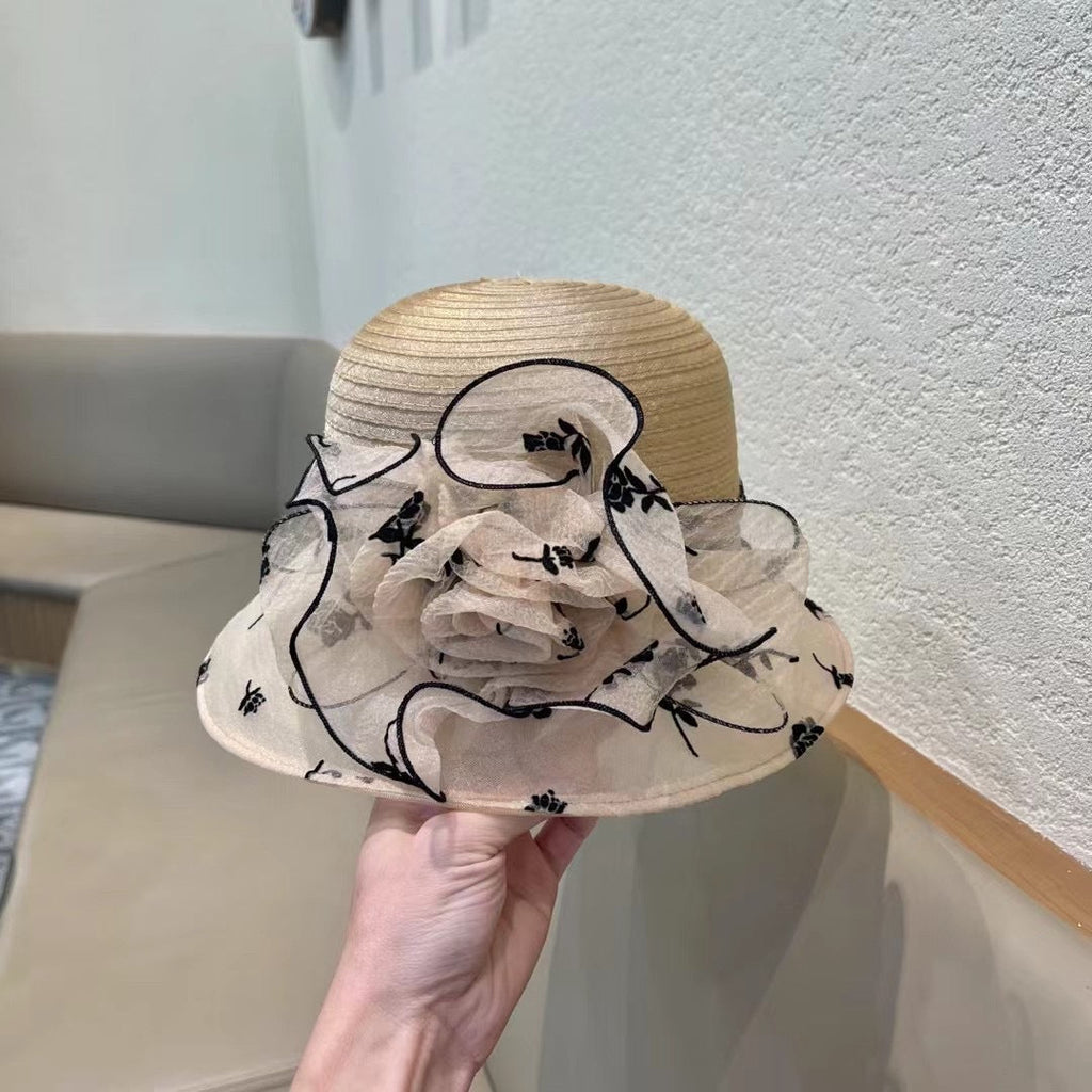 CHANEL STRAW HAT WITH CHIFFON FLOWER BEIGE 672761
