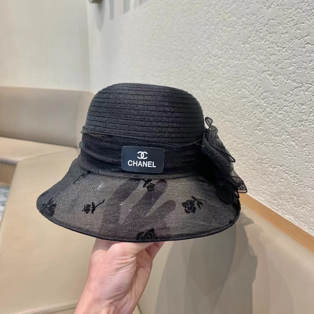 CHANEL STRAW HAT WITH CHIFFON FLOWER BLACK 672760