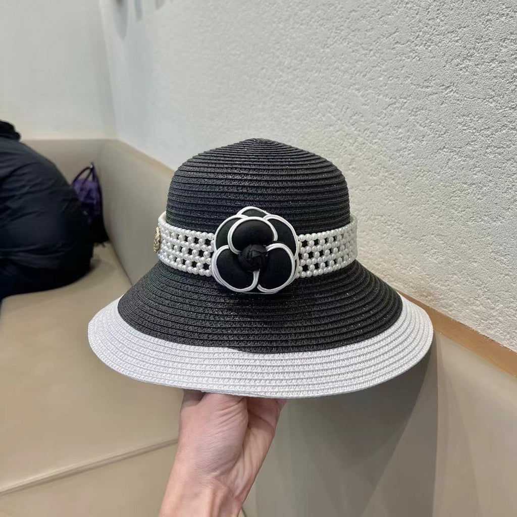 CHANEL STRAW BUCKET HAT BLACK WITH PEARLS 672762