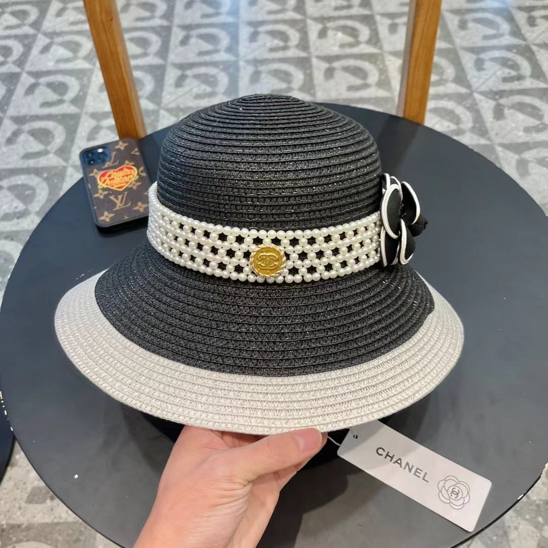 CHANEL STRAW BUCKET HAT BLACK WITH PEARLS 672762
