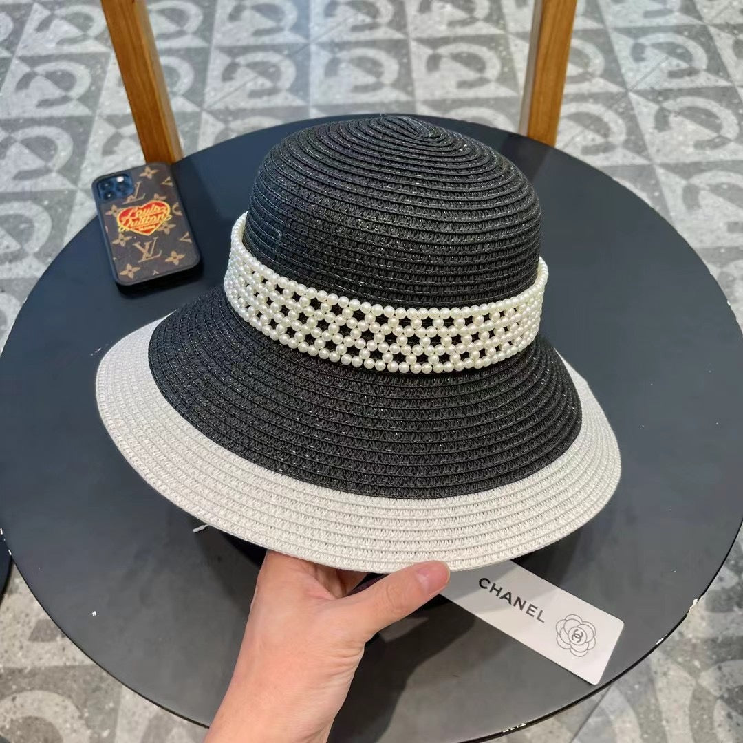 CHANEL STRAW BUCKET HAT BLACK WITH PEARLS 672762