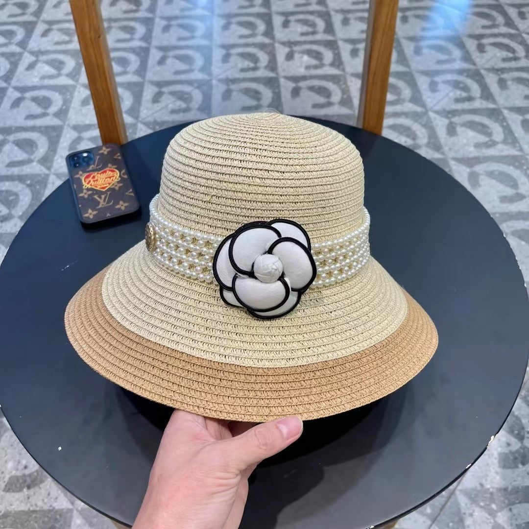 CHANEL STRAW BUCKET HAT WINDSOR GREIGE WITH PEARLS 672763