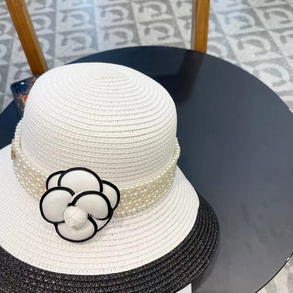 CHANEL STRAW BUCKET HAT WHITE WITH PEARLS 672764