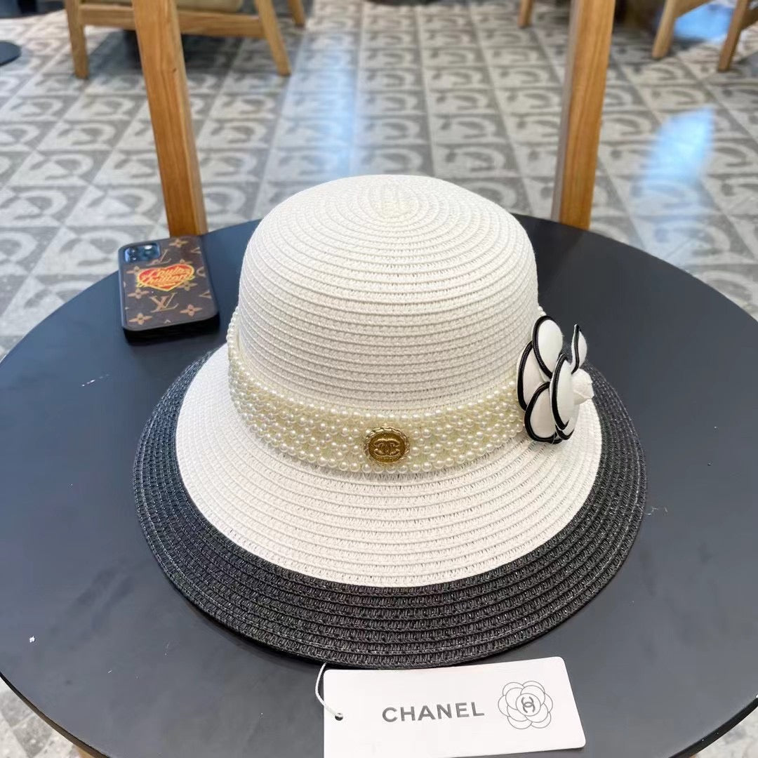 CHANEL STRAW BUCKET HAT WHITE WITH PEARLS 672764