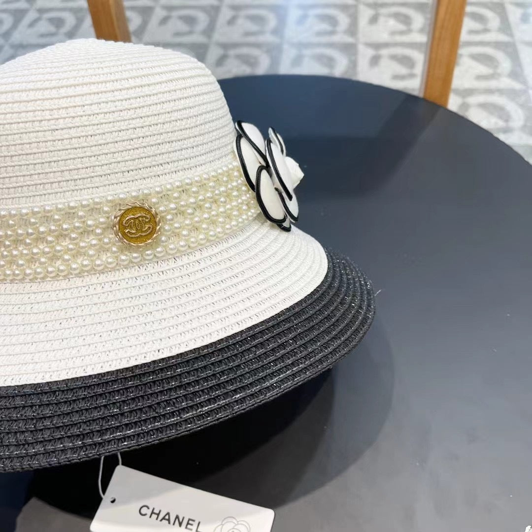 CHANEL STRAW BUCKET HAT WHITE WITH PEARLS 672764