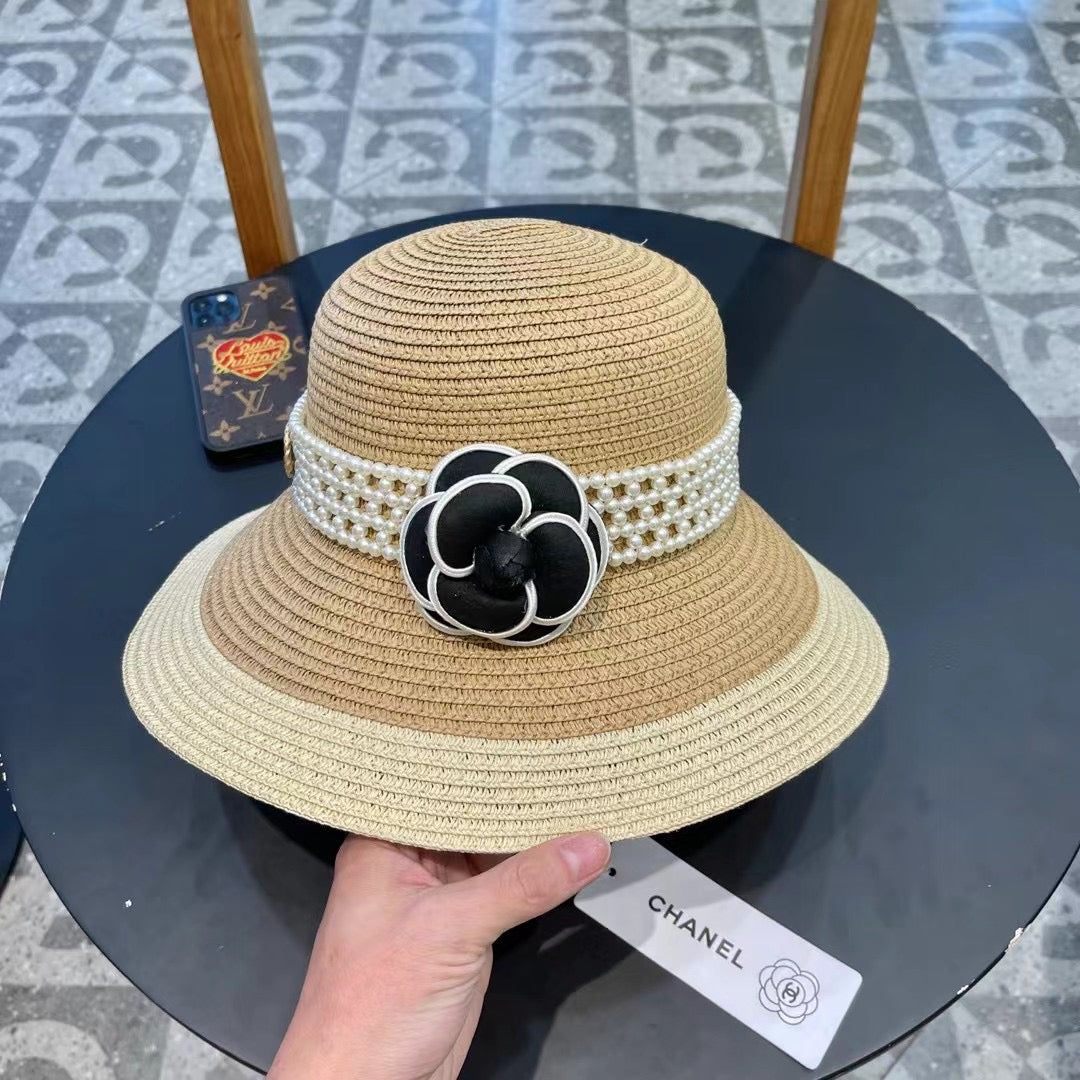 CHANEL STRAW BUCKET HAT WITH PEARLS 672765
