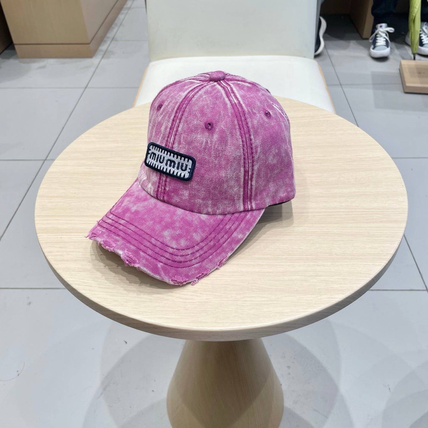 MIU MIU MM DISTRESSED FABRIC BASEBALL CAP IN PINK WITH EMBROIDERED LOGO