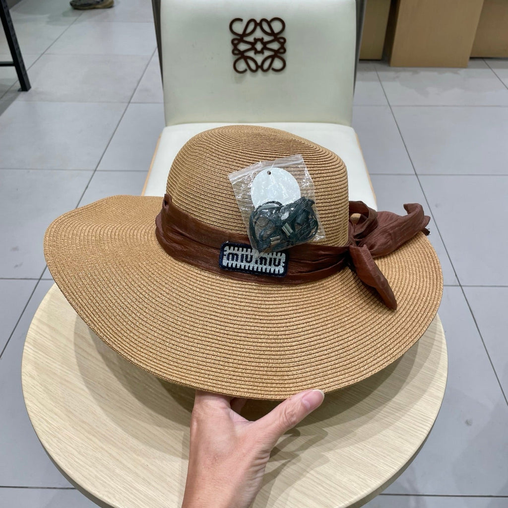 MIU MIU MM WIDE-BRIM BEACH HAT IN BEIGE WITH FABRIC BOW