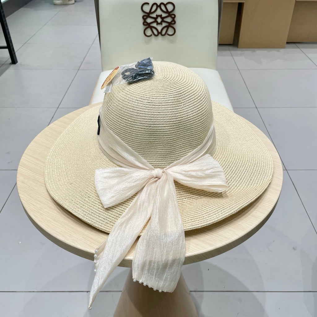 MIU MIU MM WIDE-BRIM BEACH HAT IN LIGHT BEIGE WITH FABRIC BOW