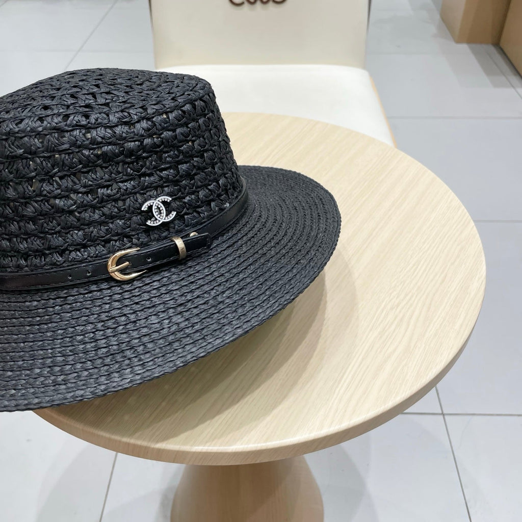 CHANEL STRAW HAT OPEN WEAVE BLACK 674077