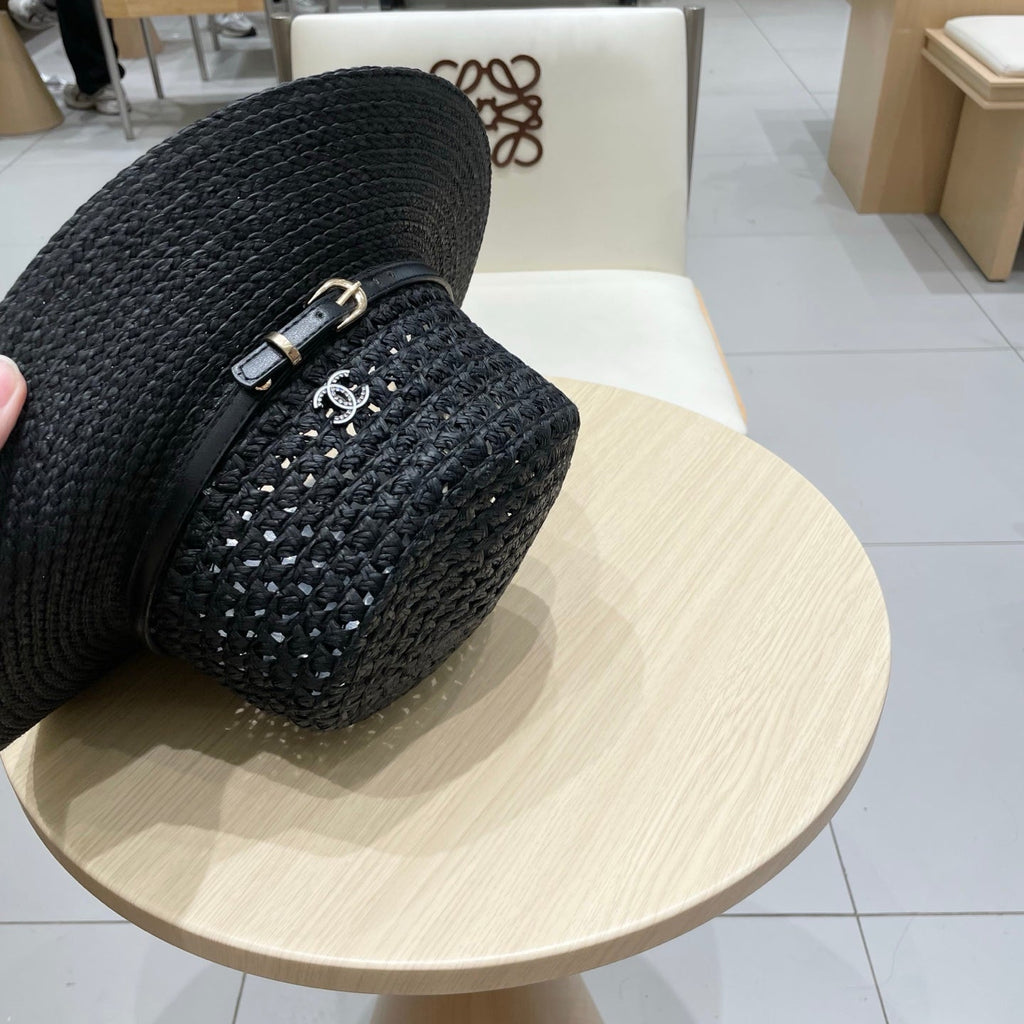 CHANEL STRAW HAT OPEN WEAVE BLACK 674077