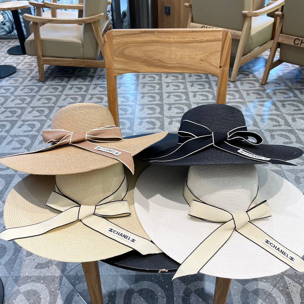CHANEL WIDE BRIM STRAW HAT WITH BOW BROWN 672705