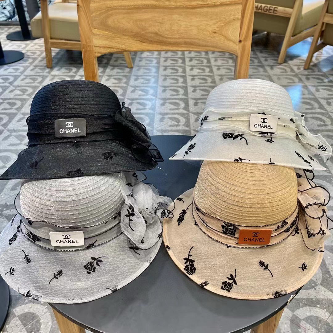 CHANEL STRAW HAT WITH CHIFFON FLOWER BEIGE 672761