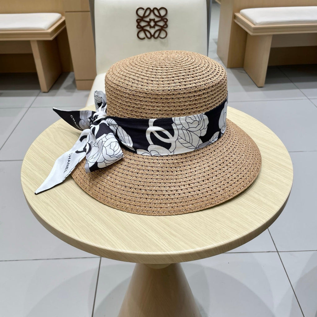 CHANEL NATURAL STRAW BUCKET HAT WITH RIBBON 672773