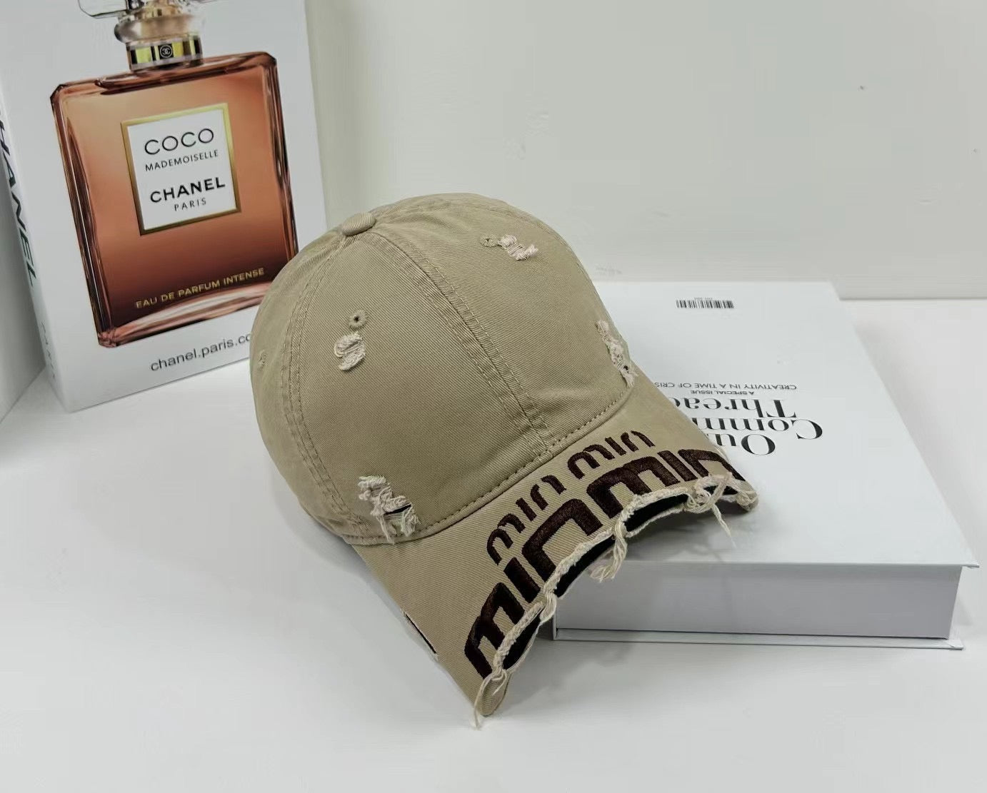 MIU MIU MM DISTRESSED EMBROIDERED BASEBALL CAP DENIM