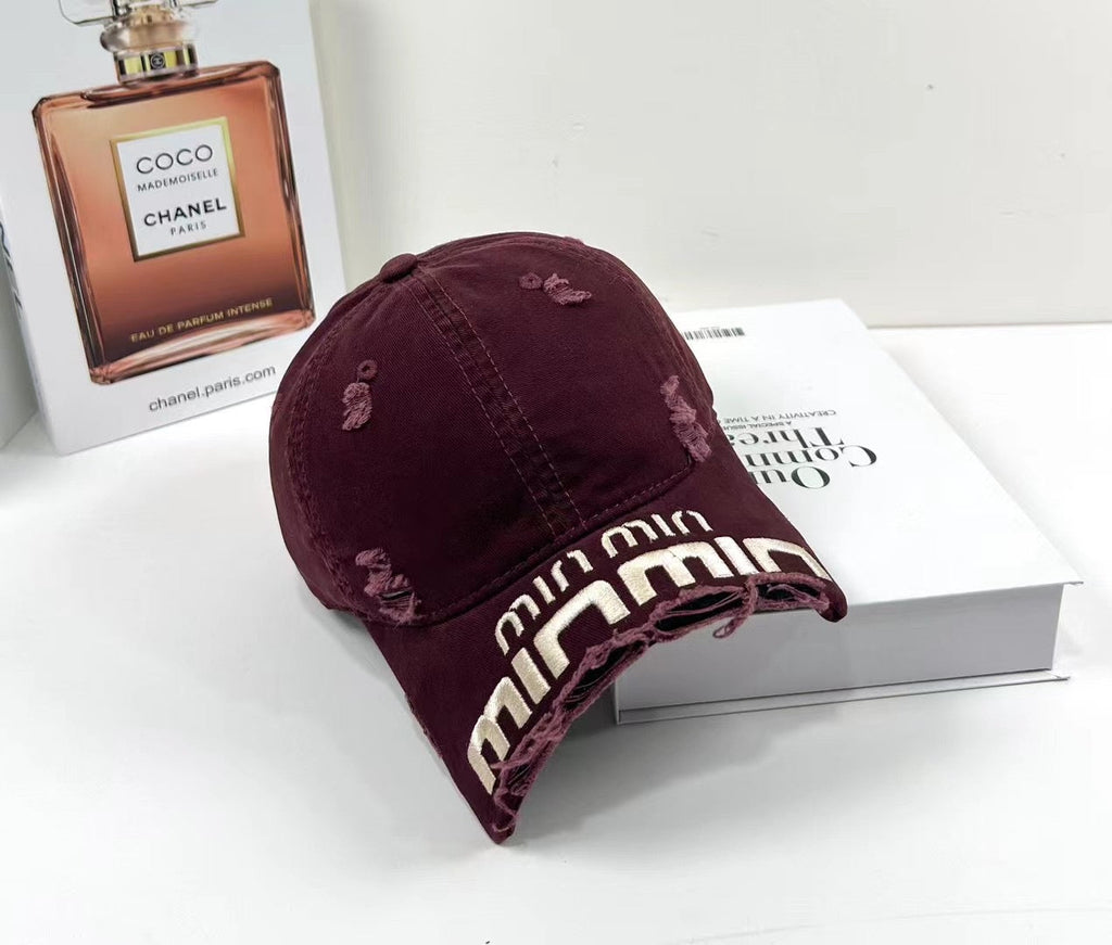 MIU MIU MM DISTRESSED EMBROIDERED BASEBALL CAP DENIM