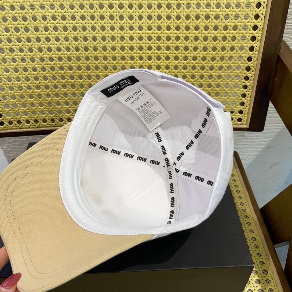 MIU MIU MM BASEBALL CAP IN WHITE MIX BEIGE FABRIC WITH LOGO EMBROIDERY