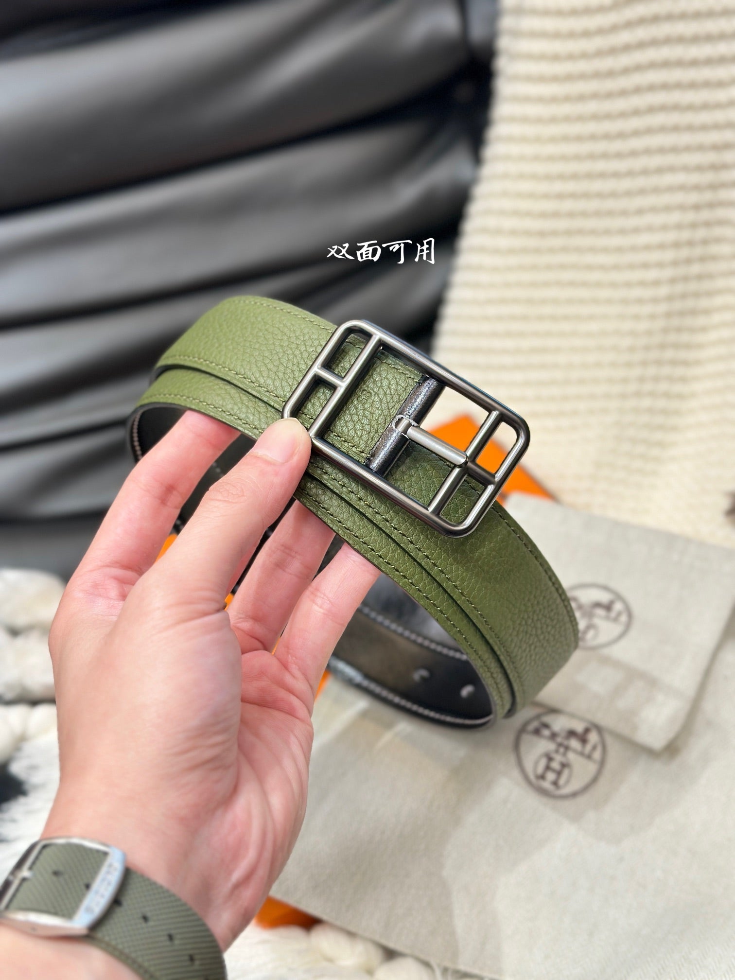 HERMES -CAPE COD 32MM REVERSIBLE BELT OLIVE GREEN AND BLACK LEATHER BLACK HARDWARE