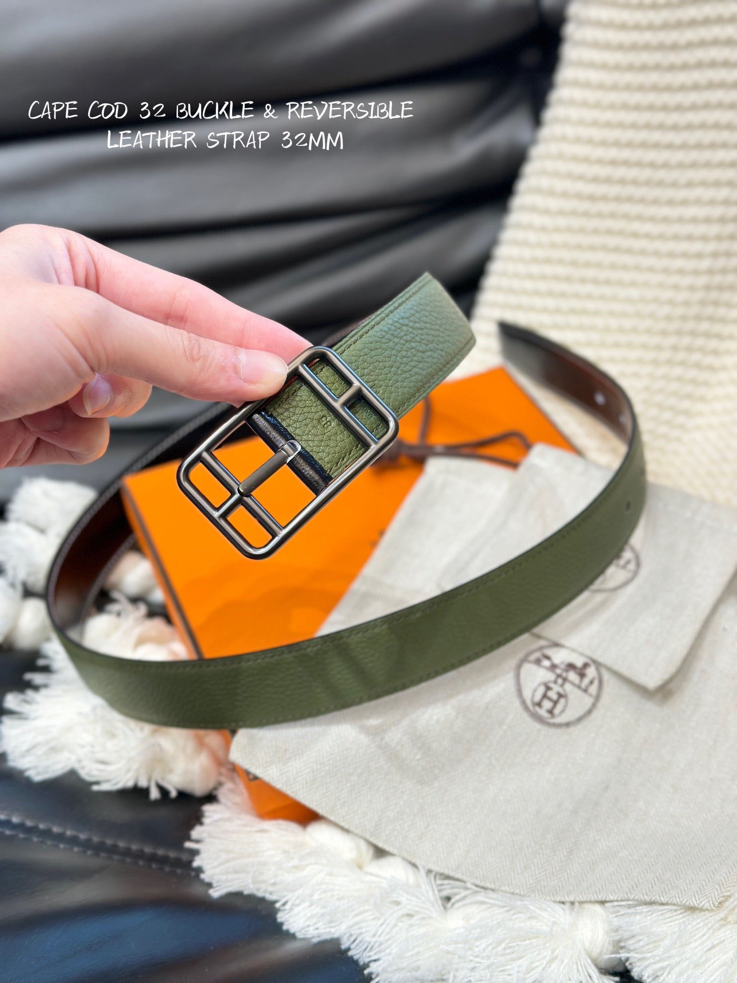 HERMES -CAPE COD 32MM REVERSIBLE BELT OLIVE GREEN AND BLACK LEATHER BLACK HARDWARE