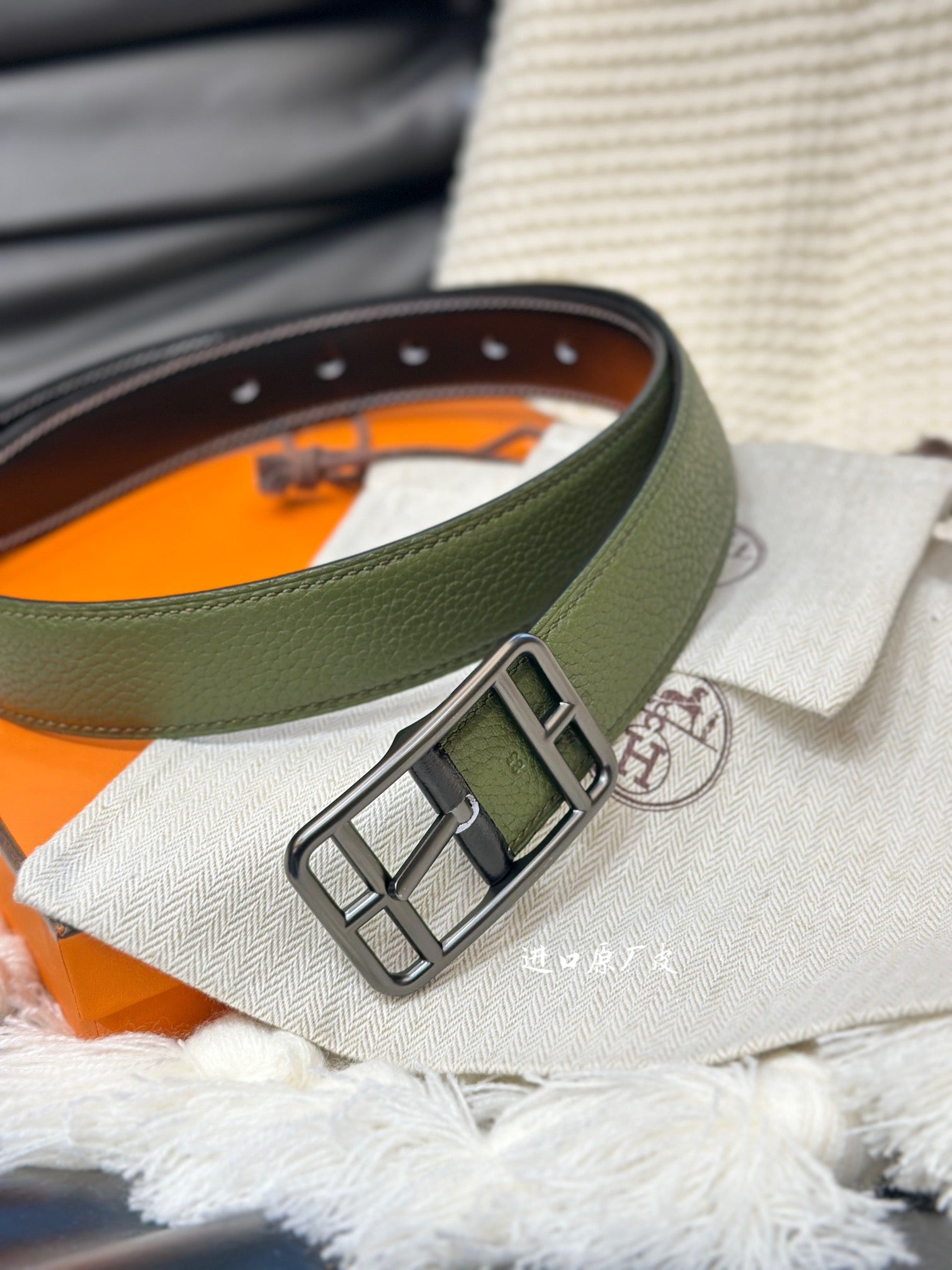 HERMES -CAPE COD 32MM REVERSIBLE BELT OLIVE GREEN AND BLACK LEATHER BLACK HARDWARE