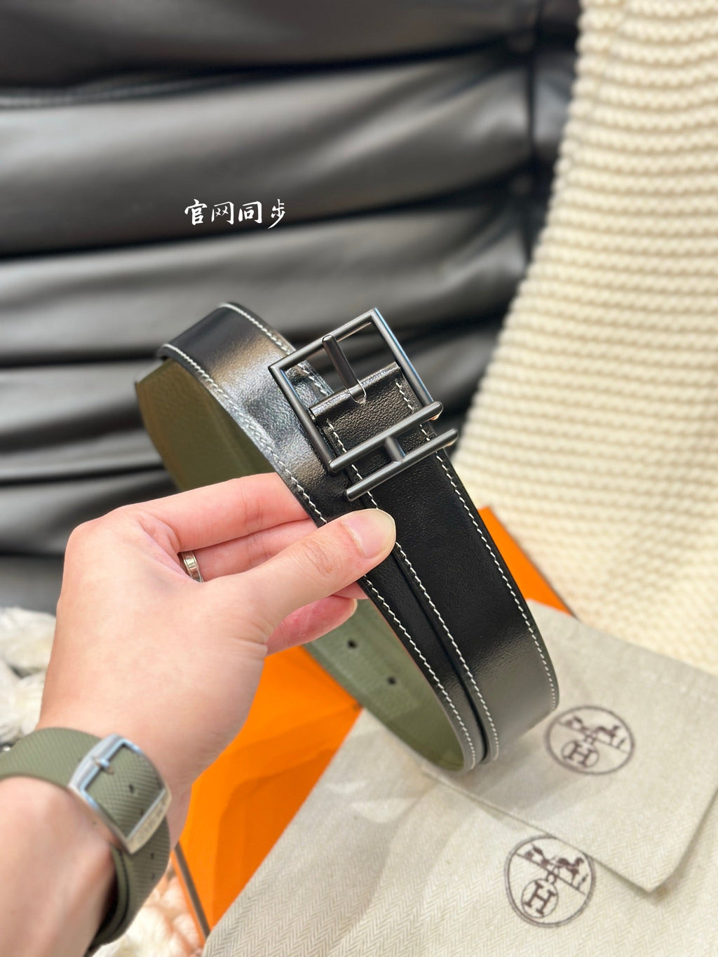 HERMES NATHAN REVERSIBLE BELT  32MM OLIVE GREEN AND BLACK LEATHER BLACK HARDWARE