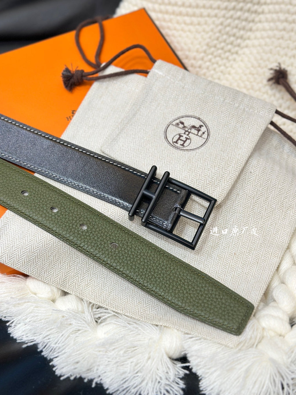 HERMES NATHAN REVERSIBLE BELT  32MM OLIVE GREEN AND BLACK LEATHER BLACK HARDWARE