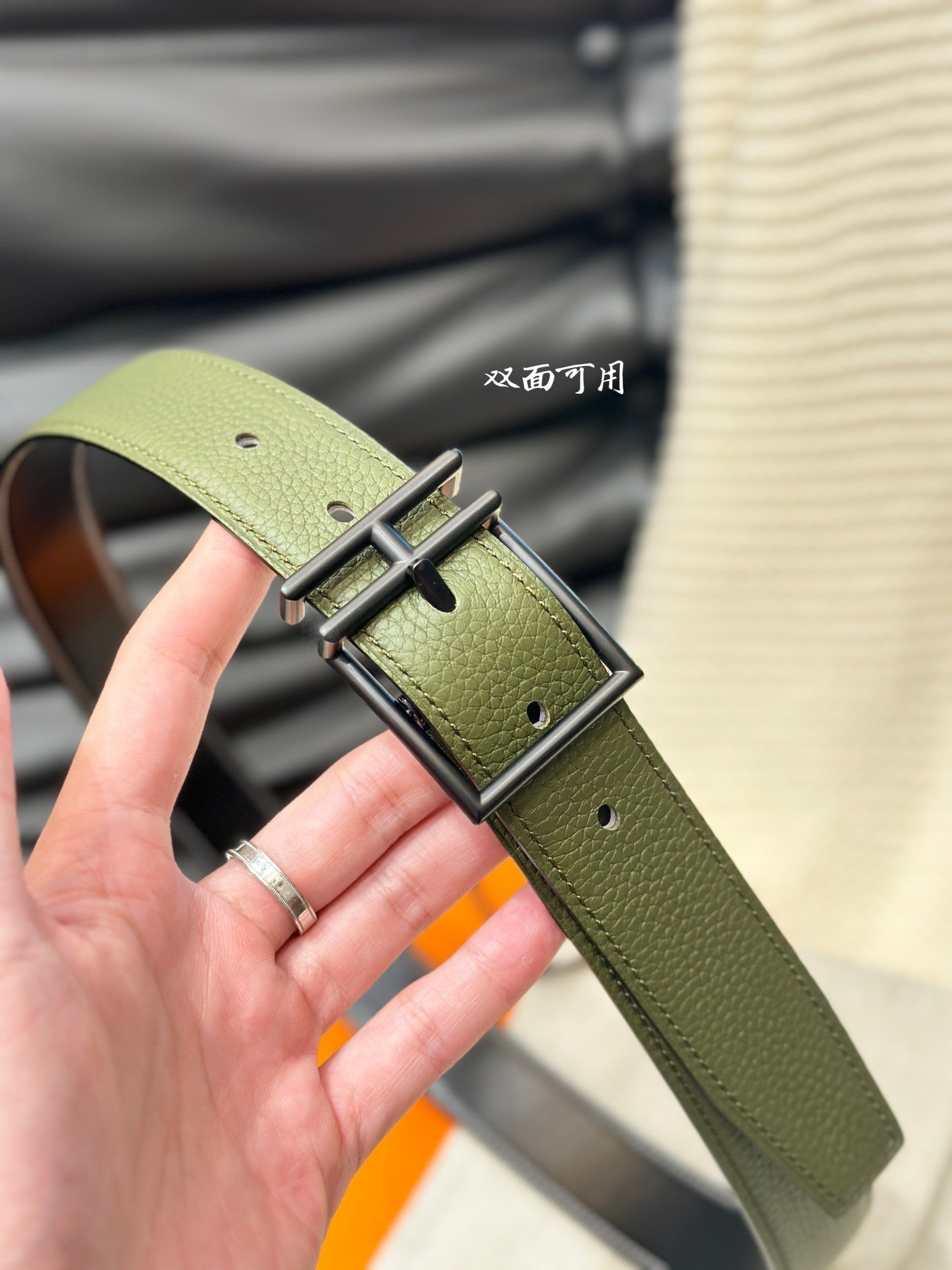 HERMES NATHAN REVERSIBLE BELT  32MM OLIVE GREEN AND BLACK LEATHER BLACK HARDWARE