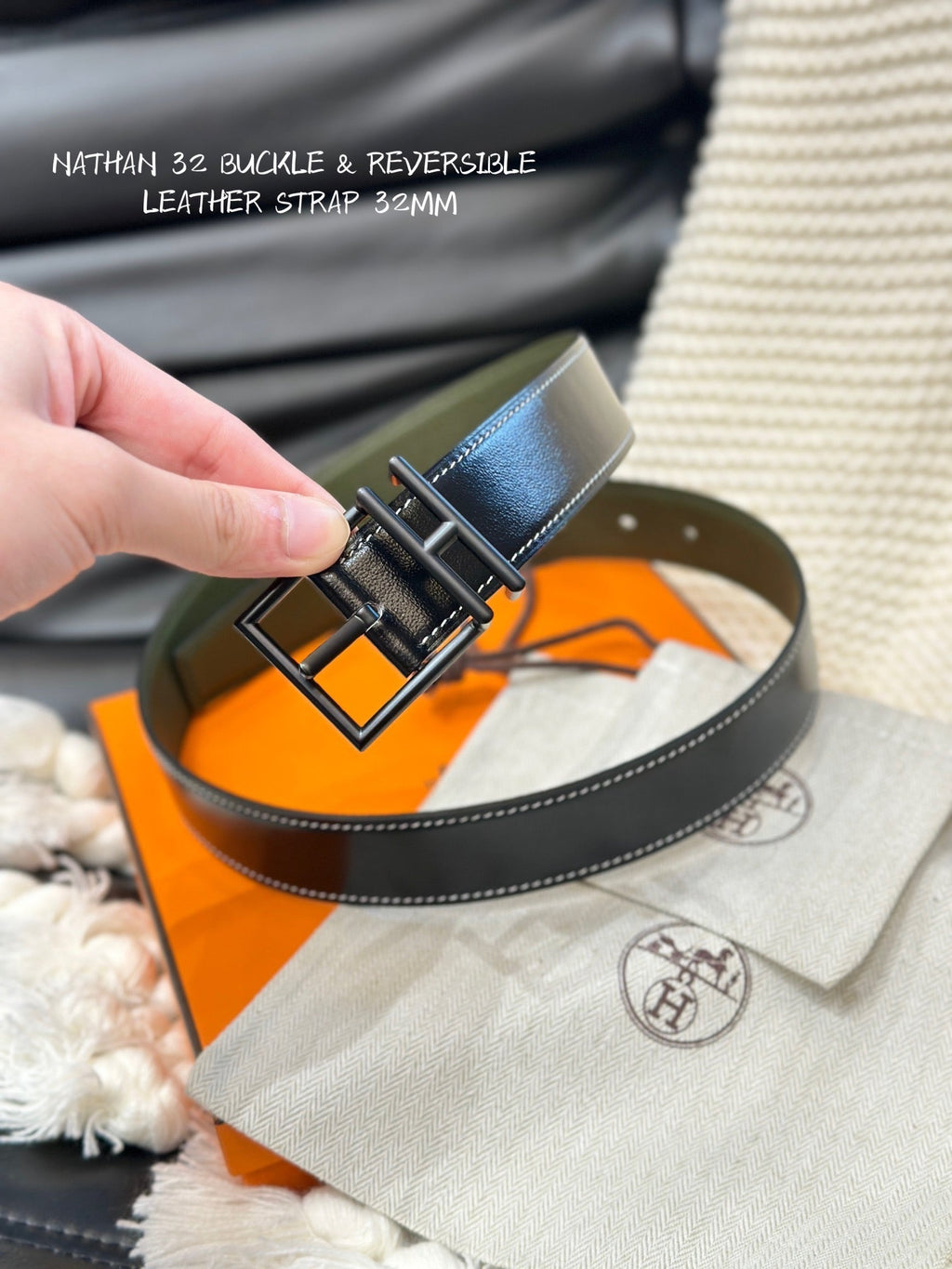 HERMES NATHAN REVERSIBLE BELT  32MM OLIVE GREEN AND BLACK LEATHER BLACK HARDWARE
