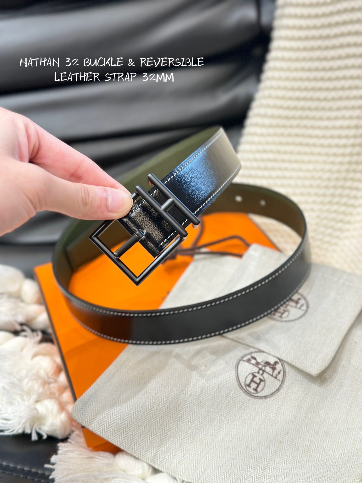 HERMES NATHAN REVERSIBLE BELT  32MM OLIVE GREEN AND BLACK LEATHER BLACK HARDWARE
