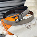 HERMES QUENTIN 32MM REVERSIBLE BELT BLACK AND KHAKI BROWN LEATHER BLACK HARDWARE