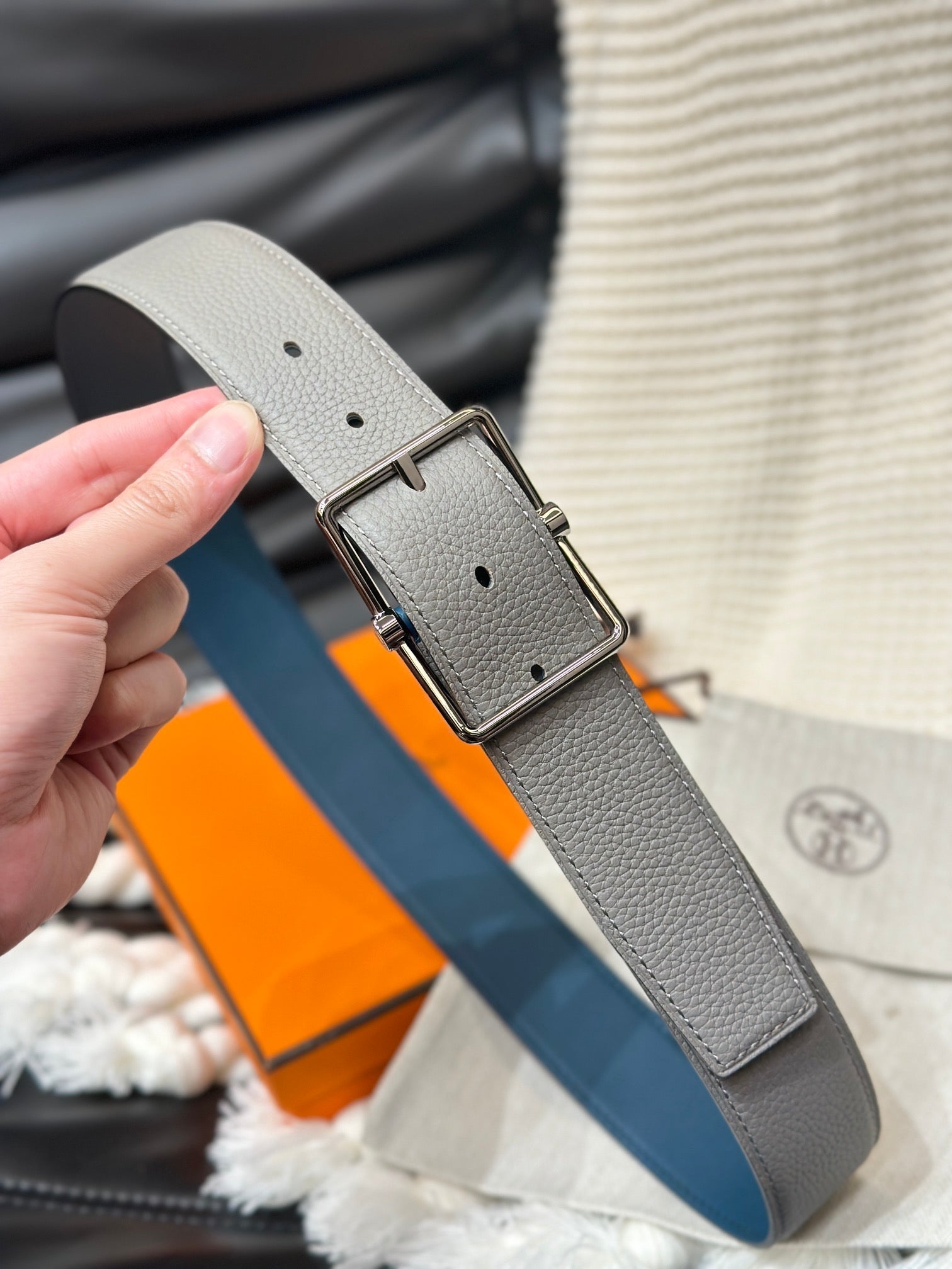 HERMES HADRIEN 38MM REVERSIBLE BELT GREY AND AEGEAN BLUE LEATHER SILVER BUCKLE